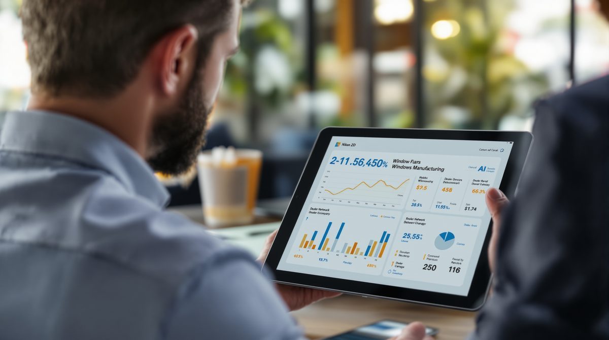 Betriebsinhaber analysiert Händlernetzwerk-Dashboard auf Tablet – Fensterbau-Software