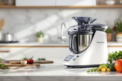 Thermomix Küchenmaschine von Vorwerk auf einem modernen Küchentresen mit frischem Gemüse