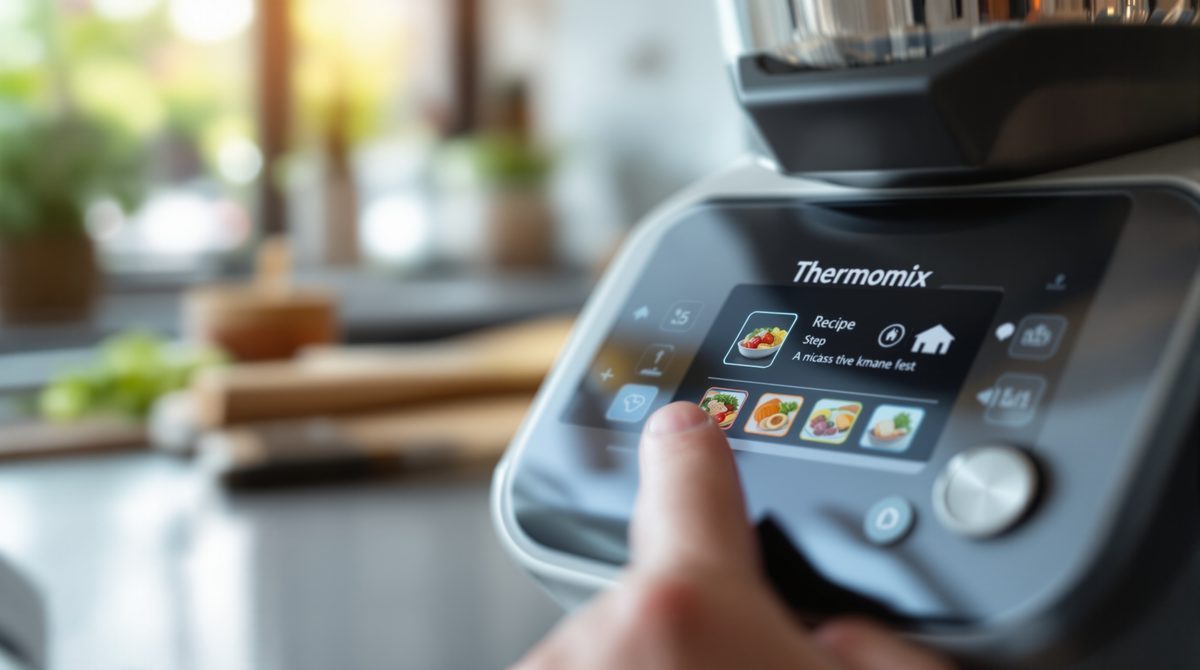Thermomix Touchscreen Display zeigt Rezeptschritte mit bunten Icons