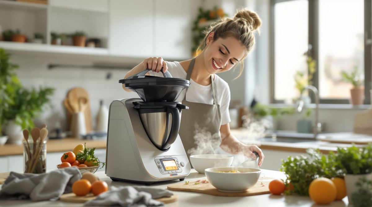 Frau kocht mit dem Thermomix in einer hellen modernen K&uuml;che und sch&ouml;pft Suppe in Sch&uuml;sseln