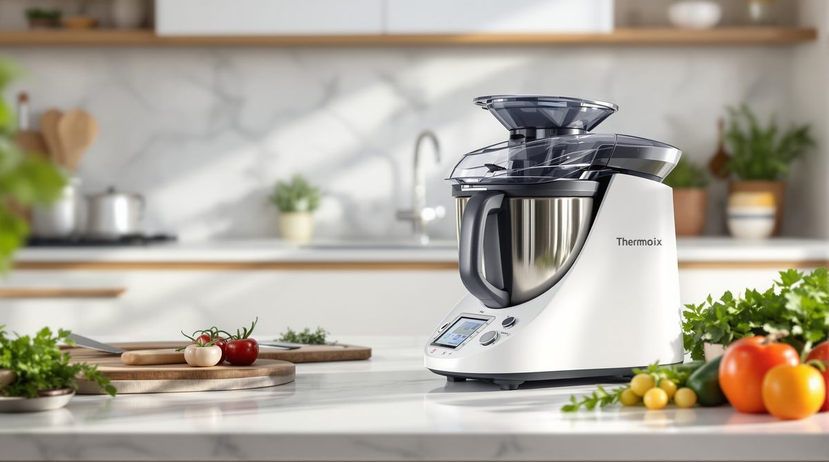Thermomix Küchenmaschine von Vorwerk auf einem modernen Küchentresen mit frischem Gemüse