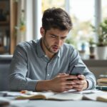 Junger Erwachsener schaut besorgt auf sein Smartphone mit unerwarteten Abo-Abbuchungen