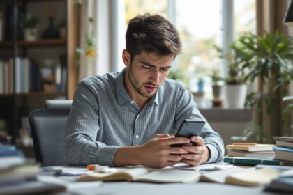 Junger Erwachsener schaut besorgt auf sein Smartphone mit unerwarteten Abo-Abbuchungen