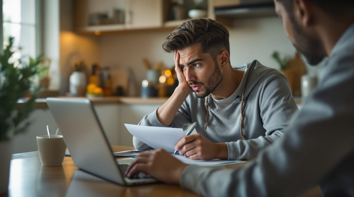 Junger Erwachsener liest aufmerksam einen Vertrag am Laptop um Abofallen zu erkennen