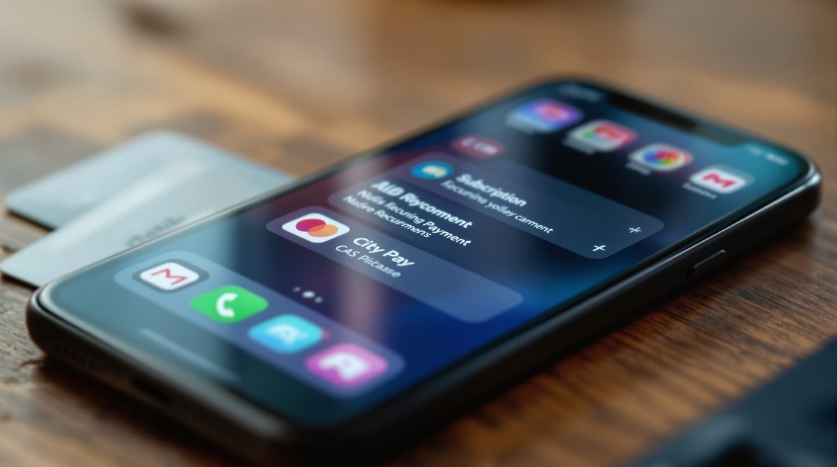 Nahaufnahme eines Smartphones mit mehreren Abo-Apps und Zahlungsbenachrichtigungen
