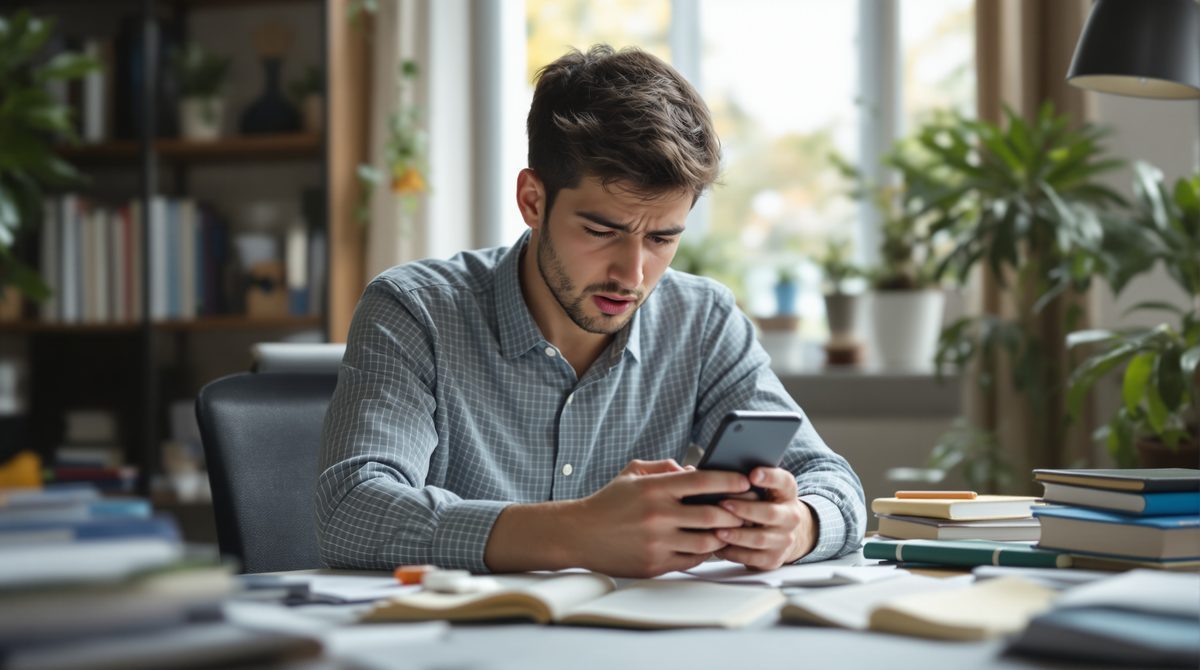 Junger Erwachsener schaut besorgt auf sein Smartphone mit unerwarteten Abo-Abbuchungen