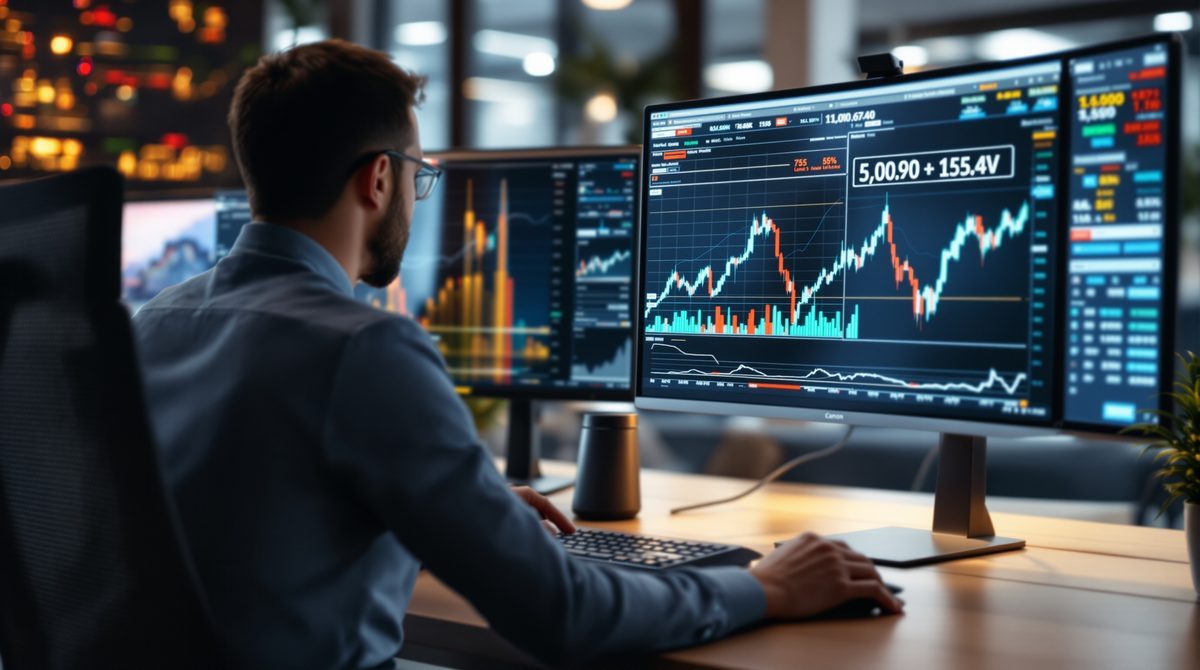 Finanzanalyst analysiert Zinskurven-Daten auf Monitoren – Kapitalallokation 2026