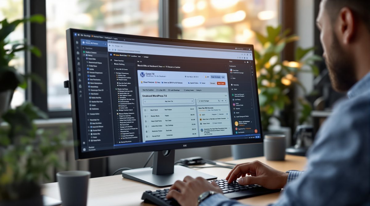 WordPress 7.0 Dashboard auf Monitor – Entwickler prüft neue Funktionen im modernen Block Editor