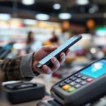 Kontaktloses Bezahlen mit dem Smartphone an der Supermarktkasse