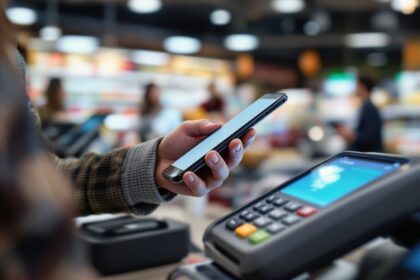 Kontaktloses Bezahlen mit dem Smartphone an der Supermarktkasse