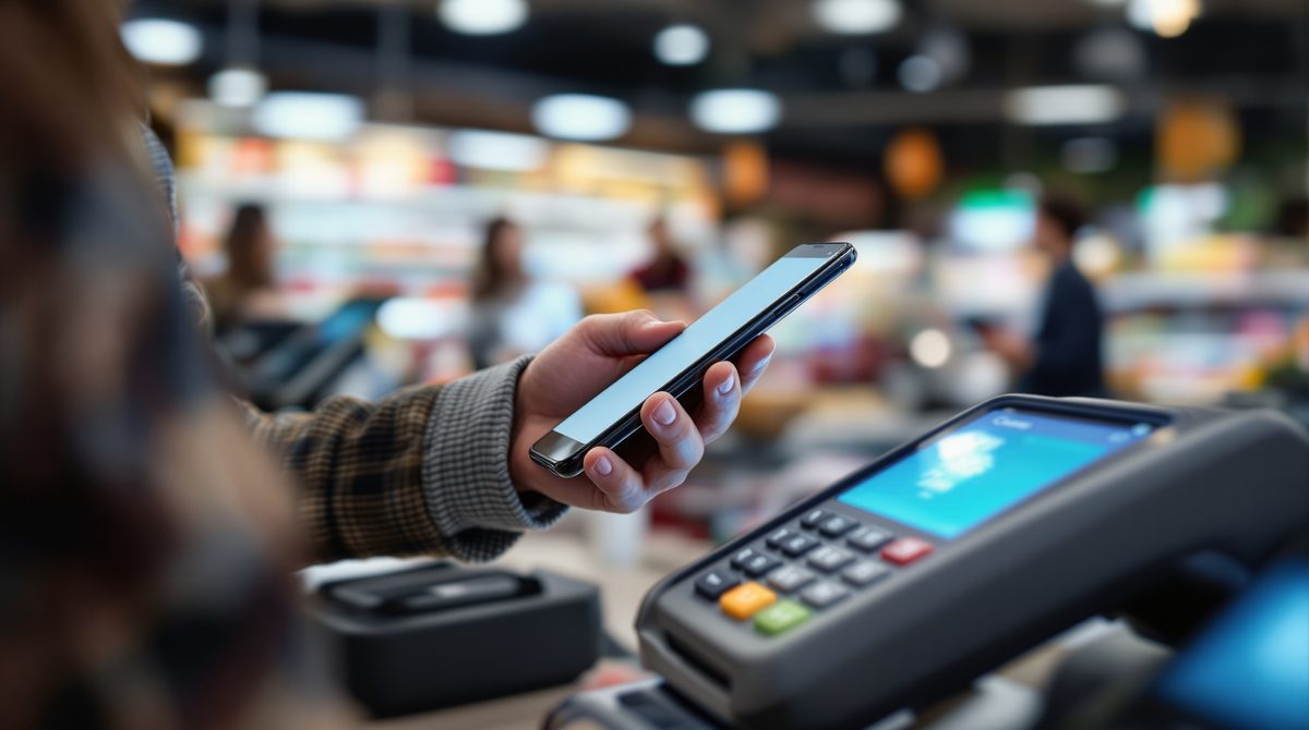 Kontaktloses Bezahlen mit dem Smartphone an der Supermarktkasse