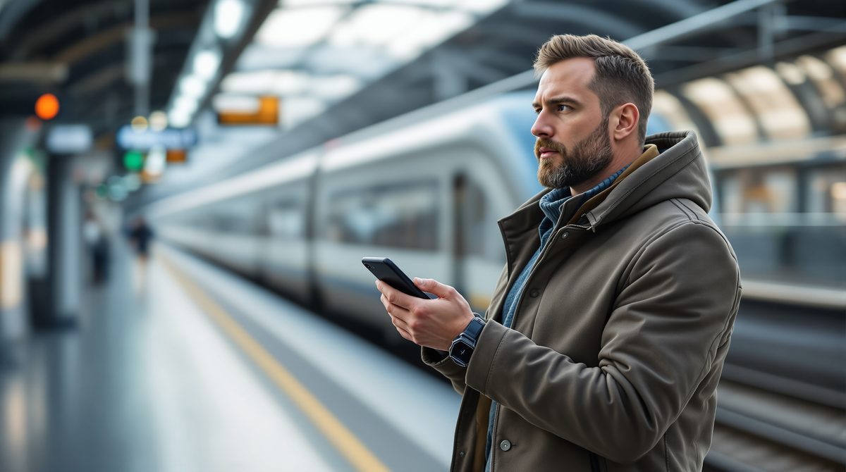 Pendler nutzt Smartphone und Smartwatch am Bahnsteig