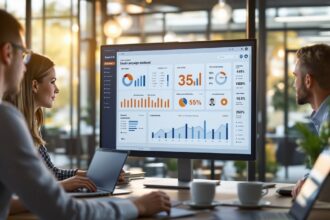 Marketing-Team analysiert E-Mail-Kampagnen-Dashboard auf großem Monitor — E-Mail-Marketing 2026