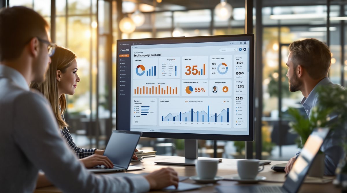 Marketing-Team analysiert E-Mail-Kampagnen-Dashboard auf großem Monitor — E-Mail-Marketing 2026