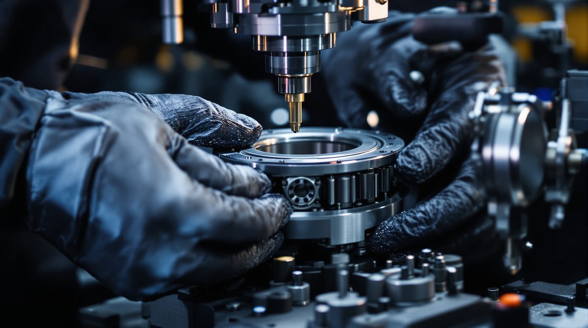 Nahaufnahme eines Motorspindellagers bei der Inspektion durch einen Ingenieur