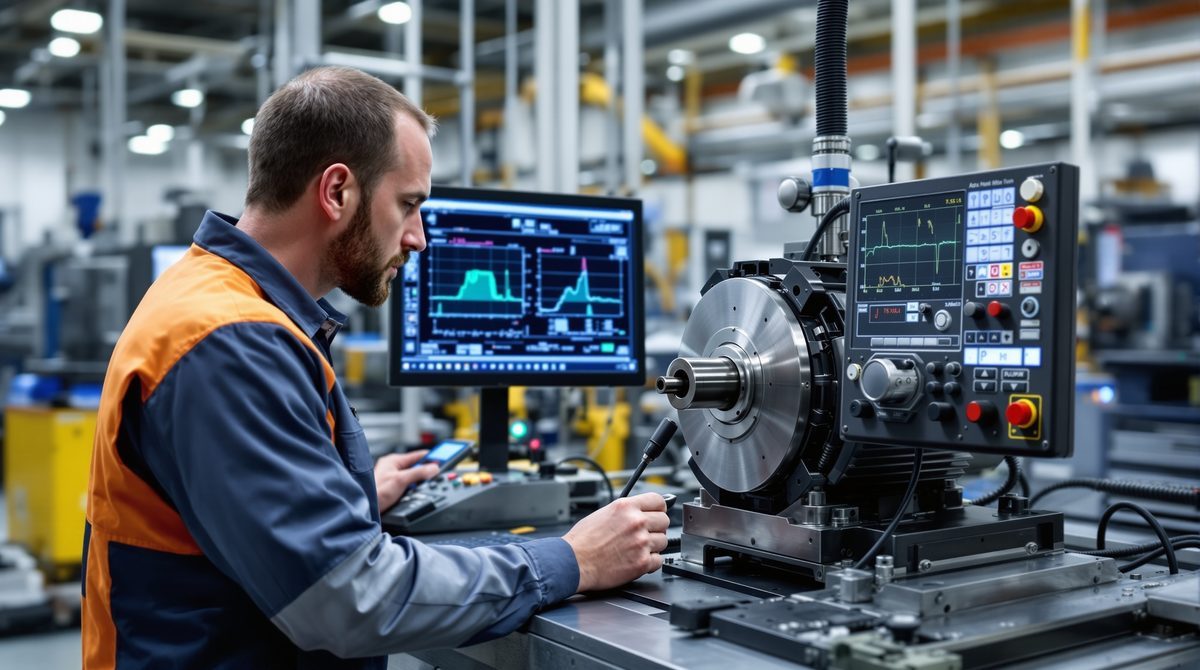 Qualitätsingenieur prüft reparierte Motorspindel am Prüfstand mit Messinstrumenten