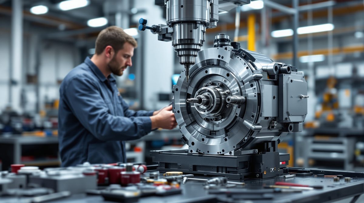 Techniker bei der Instandsetzung einer Motorspindel in einer modernen Werkstatt