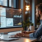 Marketing-Profi analysiert Newsletter Software Kennzahlen auf dem Monitor im modernen Büro