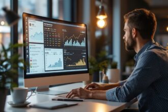 Marketing-Profi analysiert Newsletter Software Kennzahlen auf dem Monitor im modernen Büro