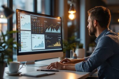 Marketing-Profi analysiert Newsletter Software Kennzahlen auf dem Monitor im modernen Büro