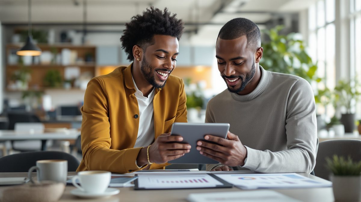 Zwei Mitarbeiter analysieren Newsletter-Kampagnenergebnisse auf einem Tablet im modernen Büro