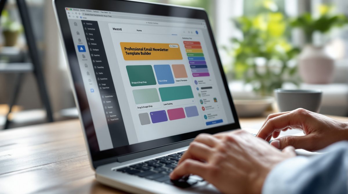 Newsletter Software Template Builder auf Laptop-Bildschirm mit Drag-and-Drop-Editor