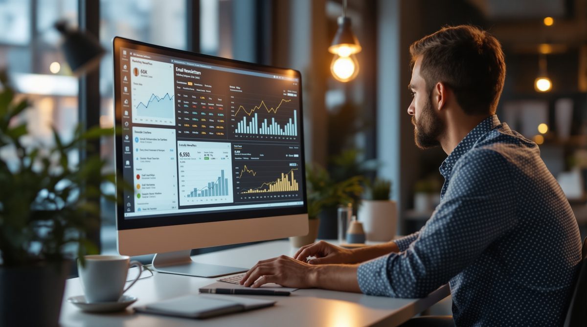 Marketing-Profi analysiert Newsletter Software Kennzahlen auf dem Monitor im modernen Büro