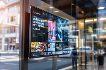 Professioneller Schaufenstermonitor im Einzelhandel bei direktem Sonnenlicht