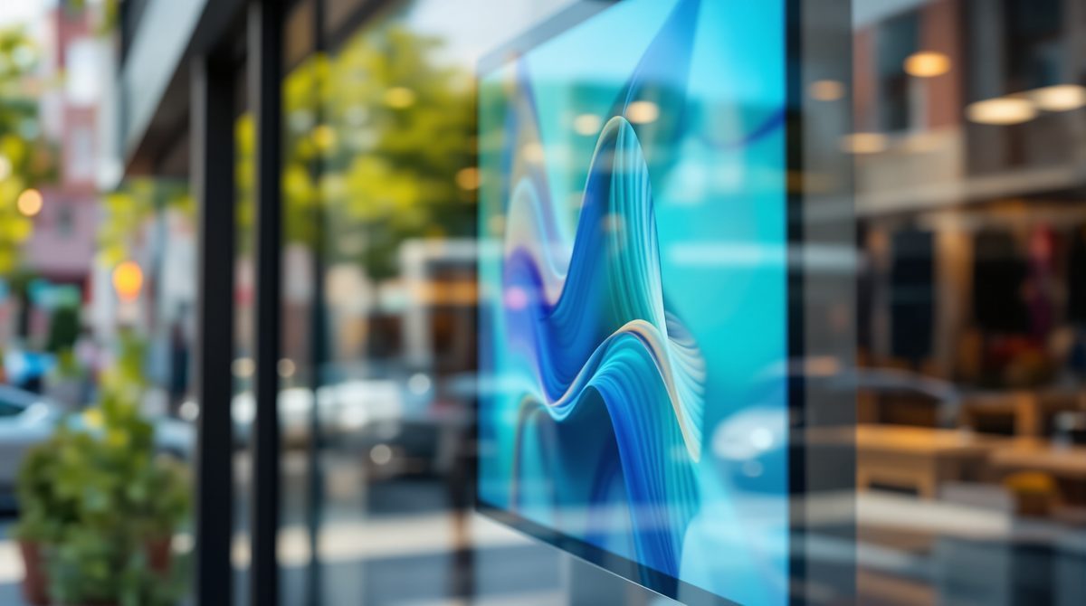Hochhelligkeits-Display im Schaufenster eines modernen Ladengeschäfts bei direktem Sonnenlicht