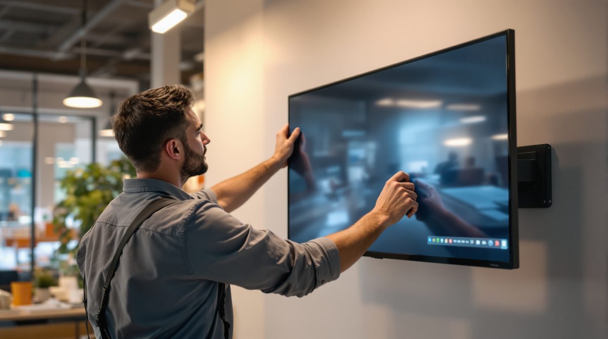 Mitarbeiter montiert einen professionellen Schaufenstermonitor in einem modernen Showroom