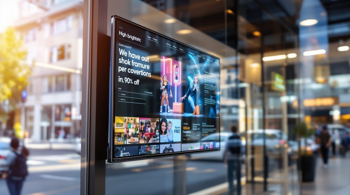 Professioneller Schaufenstermonitor im Einzelhandel bei direktem Sonnenlicht