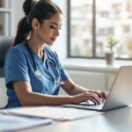 Professionelle Pflegefachkraft sitzt am Schreibtisch und nutzt Pflegesoftware zur Selbstabrechnung auf einem Laptop