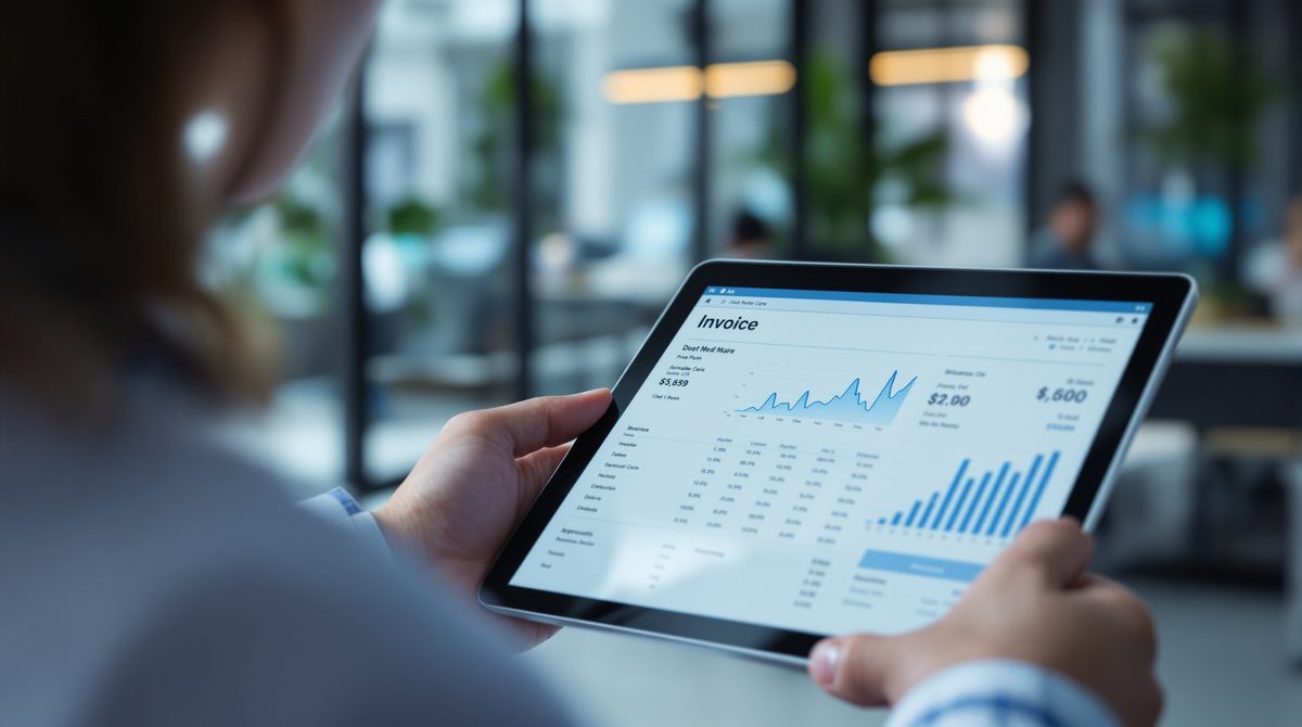 Pflegeadministratorin prüft digitale Abrechnungsdaten auf einem Tablet im Pflegebüro