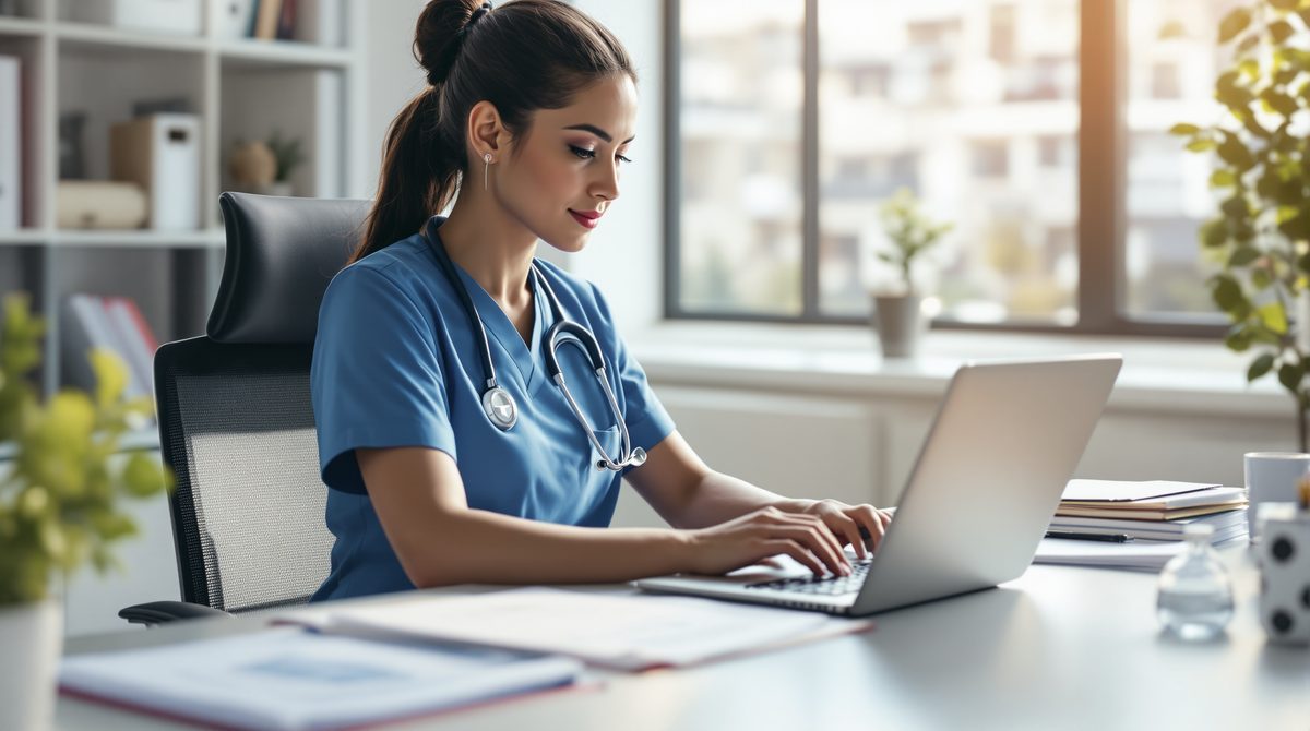 Professionelle Pflegefachkraft sitzt am Schreibtisch und nutzt Pflegesoftware zur Selbstabrechnung auf einem Laptop