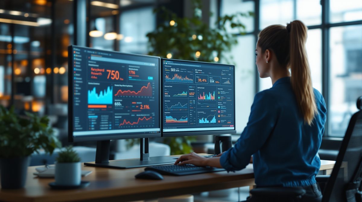 SEO-Expertin analysiert Keyword-Daten und Rankings auf zwei Monitoren
