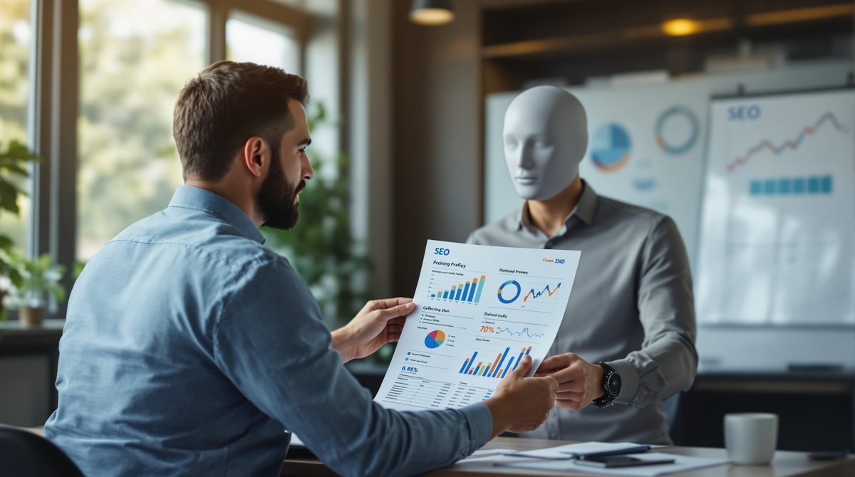 Unternehmensinhaber und SEO-Berater besprechen Sichtbarkeits-Ergebnisse anhand eines Reports