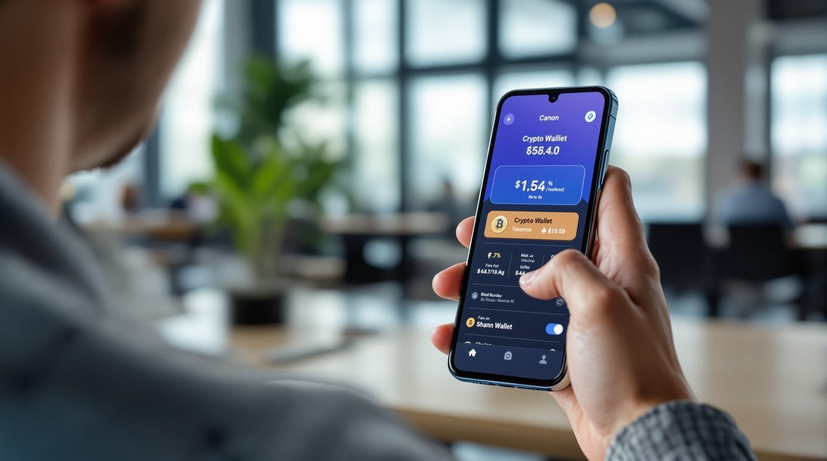 Nutzer verwendet SocialFi-App auf Smartphone mit Krypto-Wallet und Token-Guthaben