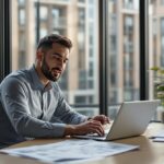 Immobilienverwalter am modernen Schreibtisch mit Laptop und digitalen Dokumenten zur WEG-Verwaltung