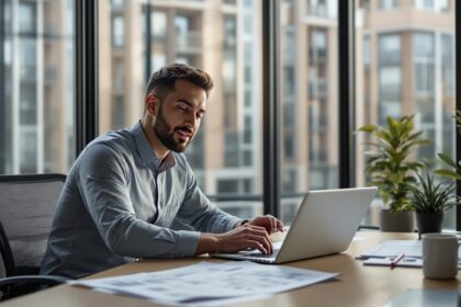 Immobilienverwalter am modernen Schreibtisch mit Laptop und digitalen Dokumenten zur WEG-Verwaltung