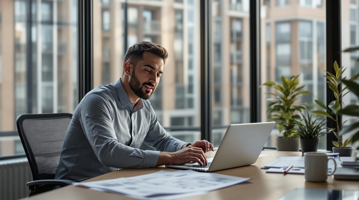 Immobilienverwalter am modernen Schreibtisch mit Laptop und digitalen Dokumenten zur WEG-Verwaltung