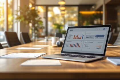 Professioneller Besprechungsraum für WEG-Verwaltung mit Laptop und digitaler Software