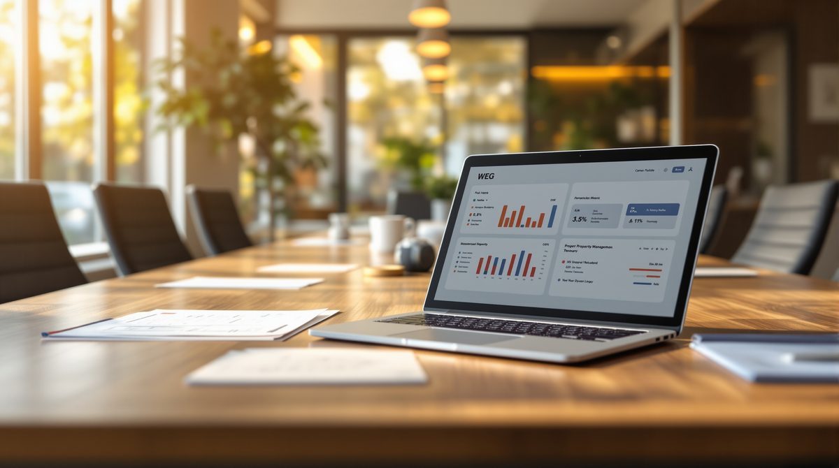 Professioneller Besprechungsraum für WEG-Verwaltung mit Laptop und digitaler Software