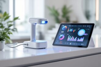 Digitales Hautanalysegerät mit Sensor und Tablet-Auswertung im Kosmetikstudio