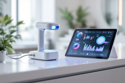 Digitales Hautanalysegerät mit Sensor und Tablet-Auswertung im Kosmetikstudio
