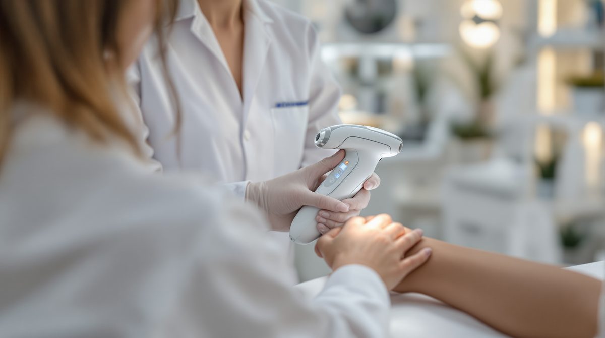 Kosmetikerin verwendet Hautscanner in modernem Beautysalon