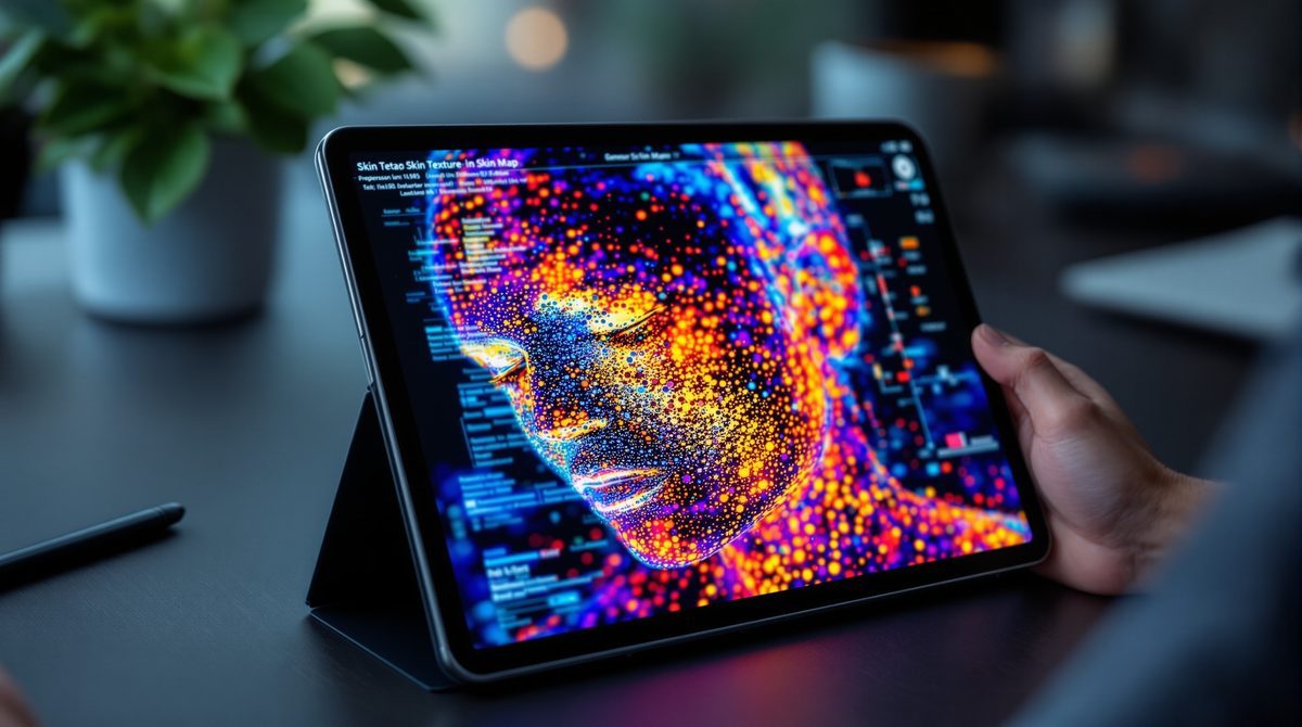 Tablet-Display zeigt Hauttextur-Datenvisualisierung bei digitaler Hautanalyse