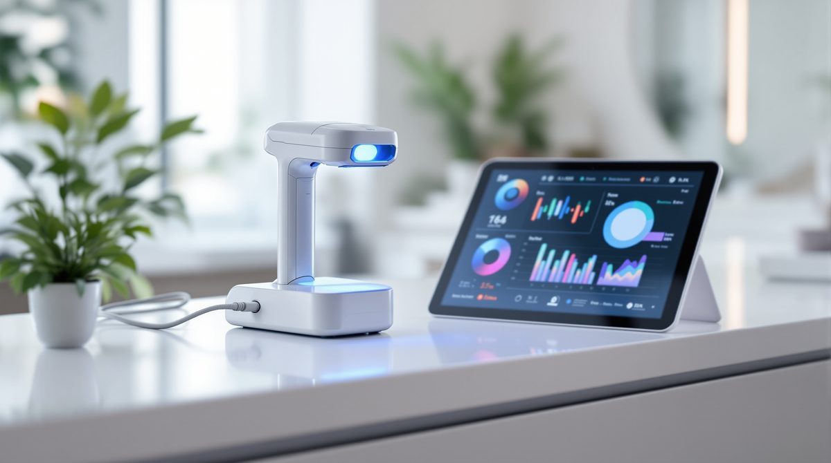 Digitales Hautanalysegerät mit Sensor und Tablet-Auswertung im Kosmetikstudio