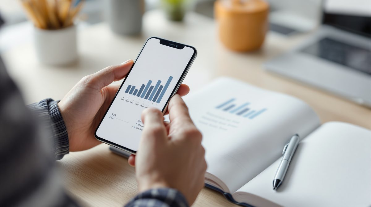 Smartphone mit Diagramm-Ansicht neben Notizbuch auf einem Schreibtisch