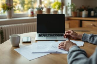 Person sortiert am Küchentisch mit Laptop und Smartphone ihre privaten Finanzen
