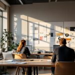 Modernes Marketing-Agentur-Büro in Berlin mit Mitarbeitern an Schreibtischen und Markenstrategie-Unterlagen